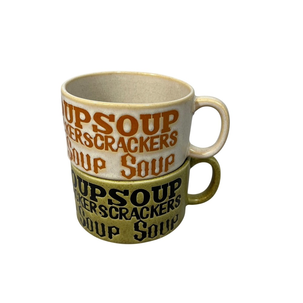 Vintage Soup Crackers Mugs Set of 2 Made in Japan Retro Ceramic green Tan